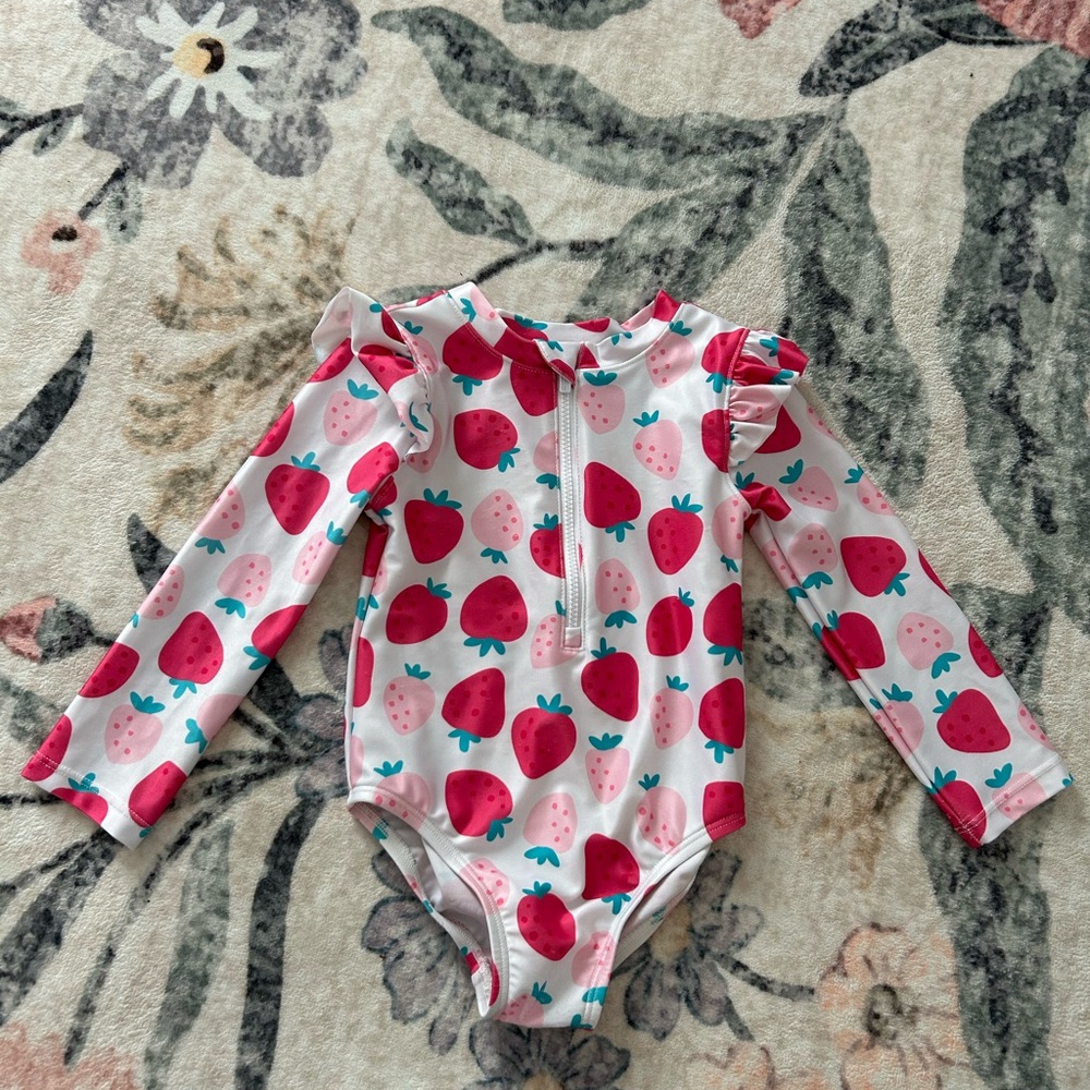 Gerber Girls Pink Strawberry Print Long Sleeve One-Piece Swimsuit